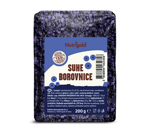 Nutrigold suhe borovnice pakirane su u praktičnu ambalažu od 200 g.