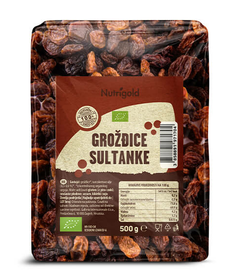 Nutrigold organske grožđice "Sultanas" u pakiranju od 500g 
