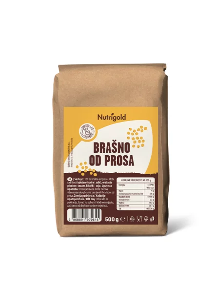 Nutrigold Hirsemehl in einer braunen 500 Gramm Packung