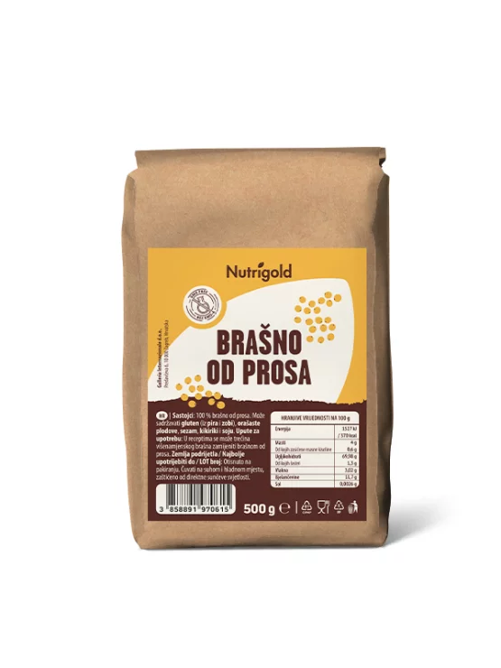 Nutrigold Hirsemehl in einer braunen 500 Gramm Packung