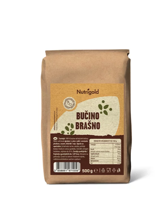 Nutrigold Kürbiskernmehl in einer braunen 500 Gramm Packung