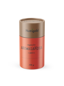 Nutrigold biologisches Ashwagandha Pulver in einer orangenen 200 Gramm Packung