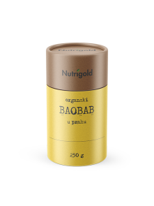 Biologisches Nutrigold Baobab Pulver in einer gelben 250 Gramm Packung