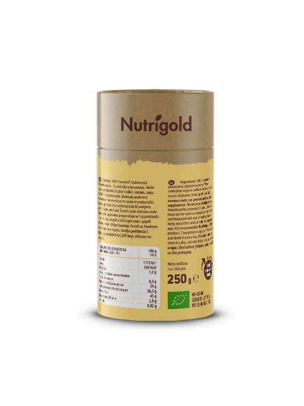 Nutrigold Baobab Bio Pulver in einer gelben 250 Gramm Packung