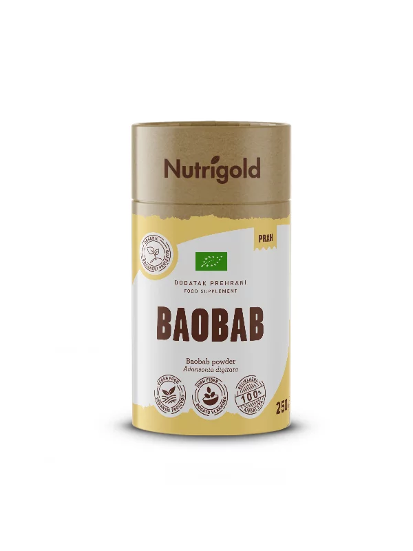 Nutrigold Baobab Bio Pulver in einer gelben 250 Gramm Packung
