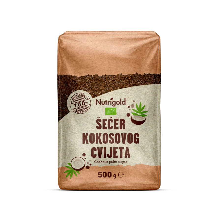 Nutrigold smeđi šećer kokosovog cvijeta u plastičnoj prozirnoj ambalaži od 500 grama.