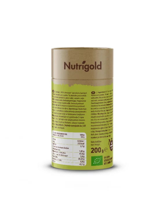 Nutrigold biologisches Ashwagandha Pulver in einer orangenen 200 Gramm Packung