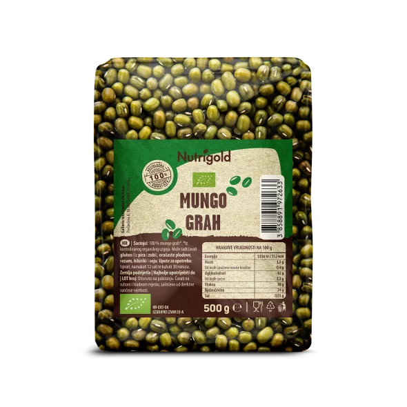 Nutrigold biologische Mungobohnen in einer durchsichtigen 500 Gramm Packung