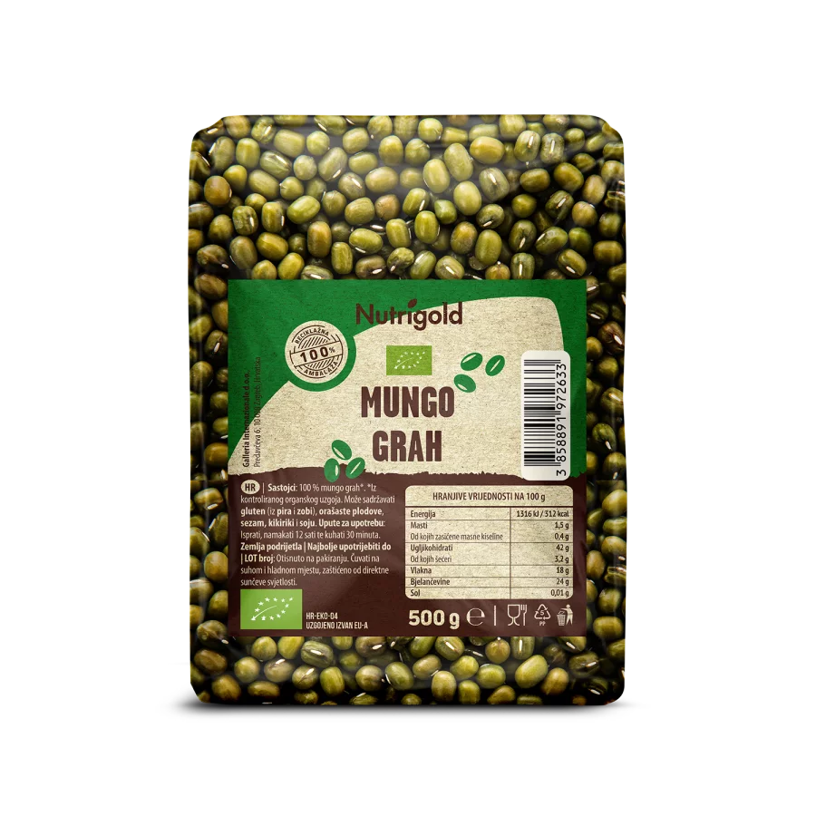 Nutrigold biologische Mungobohnen in einer durchsichtigen 500 Gramm Packung