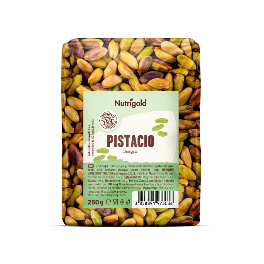 Pistacio sirov jezgra dolazi u rozirnoj, plastičnoj ambalaži od 250g.
