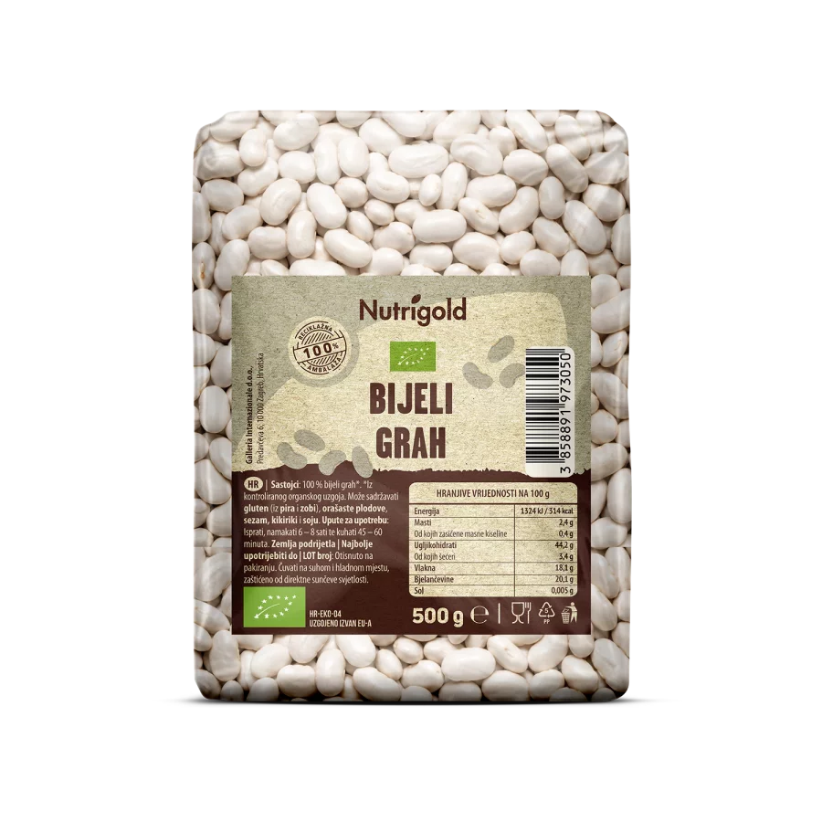 Nutrigold biologische weiße Bohnen in einer durchsichtigen 500 Gramm Packung
