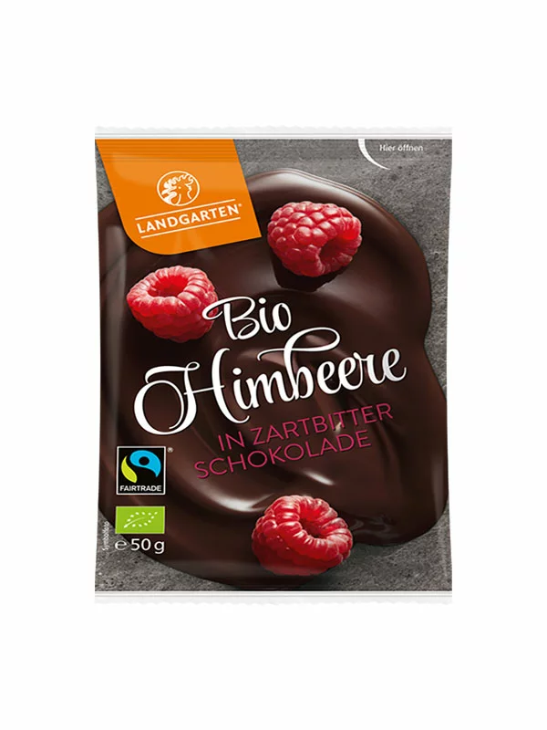 Landgarten Himbeeren in Zartbitterschokolade – Biologisch in einer 50g Packung