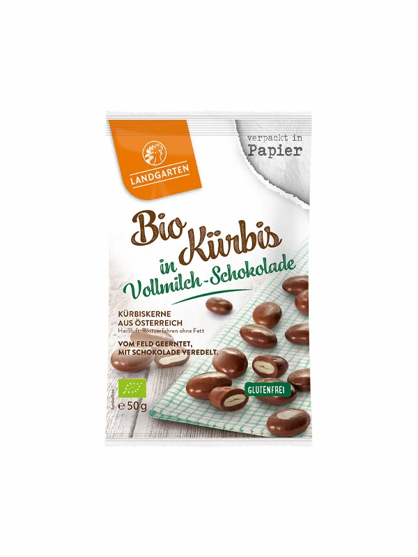 Landgarten – Kürbiskerne in Schokolade - Biologisch in einer Packung von  50g
