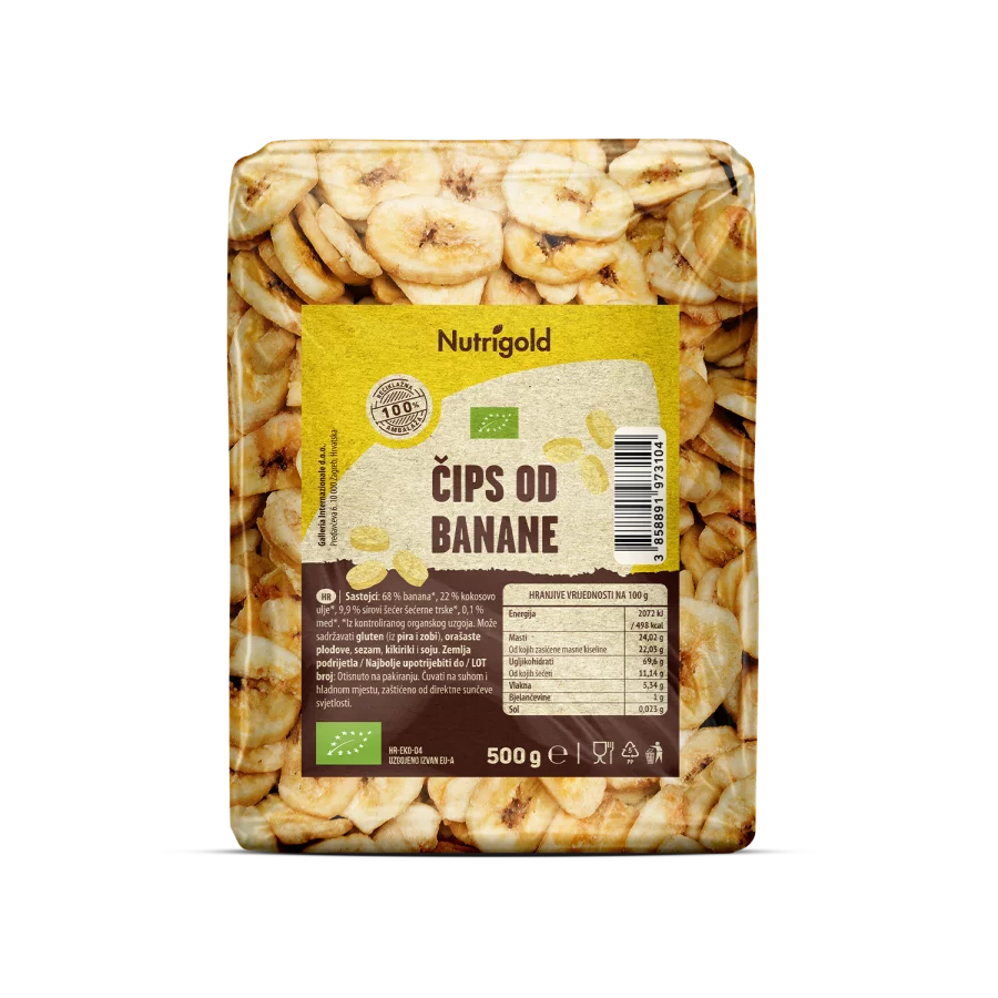 Nutrigold biologische Bananenchips in einer 500 Gramm Packung