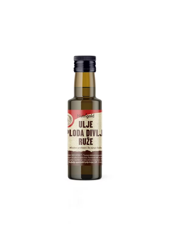 Nutrigold Hagebuttenöl in dunkler Glasflasche von 100 ml.