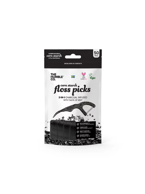 Humble Brush Zahnseide mit einem Halter aus Maisstärke Black Charcoal mit 50 Stück im Paket