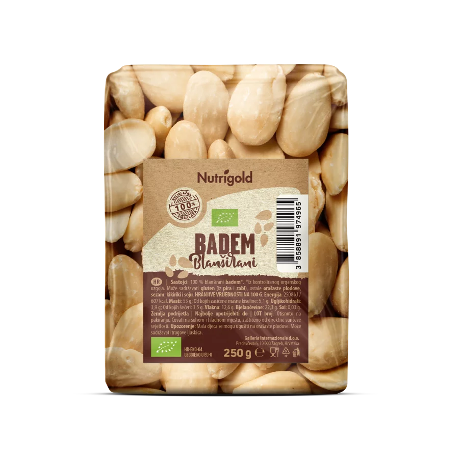 Nutrigold biologische blanchierte Mandeln in einer durchsichtigen 250g Packung