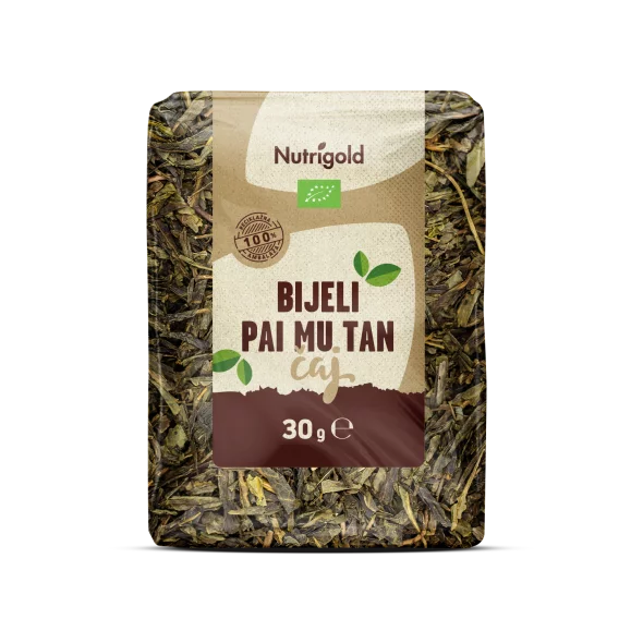 Nutrigold biologischer weißer Pai Mu Tan Tee in einer durchsichtigen 30 Gramm Packung