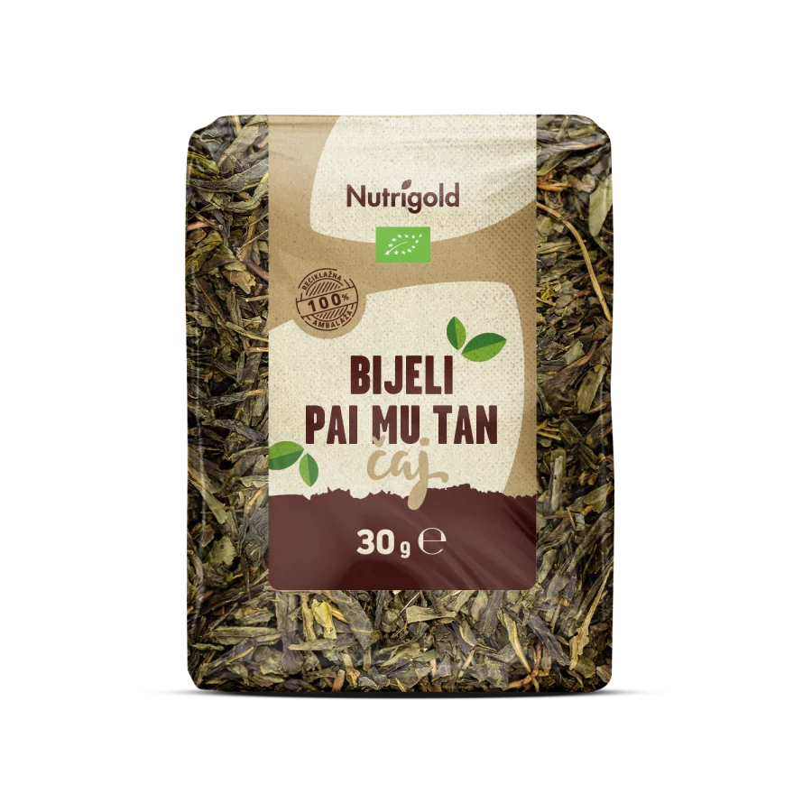 Nutrigold biologischer weißer Pai Mu Tan Tee in einer durchsichtigen 30 Gramm Packung