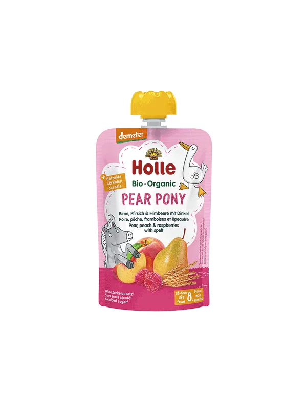 Holle Quetschie Birne, Pfirsich & Himbeere mit Dinkel „Pear Pony“ (ab dem 8. Monat) – Biologisch in einer 100g Packung