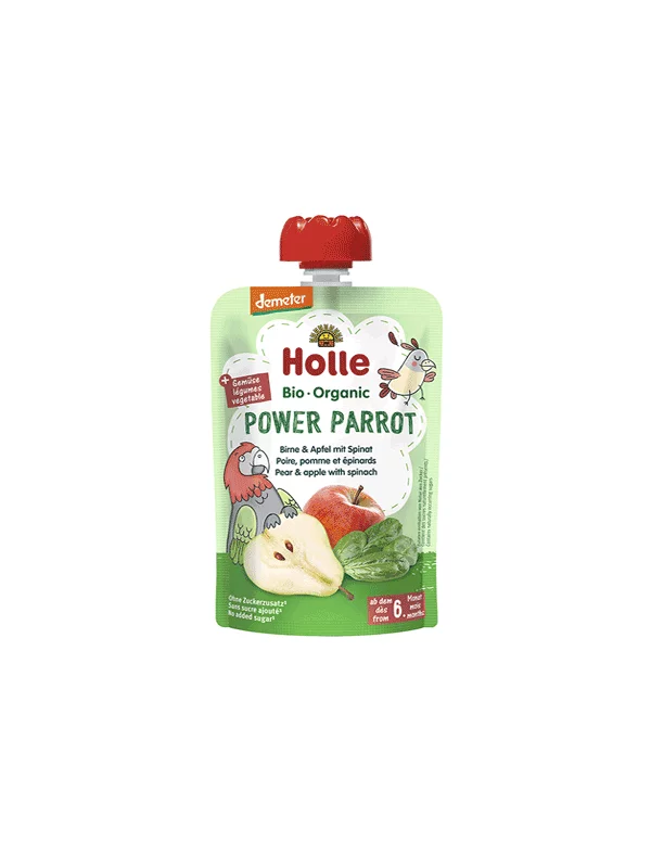 Holle Quetschie Birne & Apfel mit Spinat „Power Parrot“ (ab dem 6. Monat) – Biologisch in einer 100g Packung