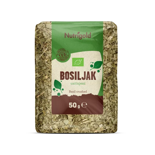 Nutrigold biologisches, gehacktes Basilikum in einer durchsichtigen 50 Gramm Packung