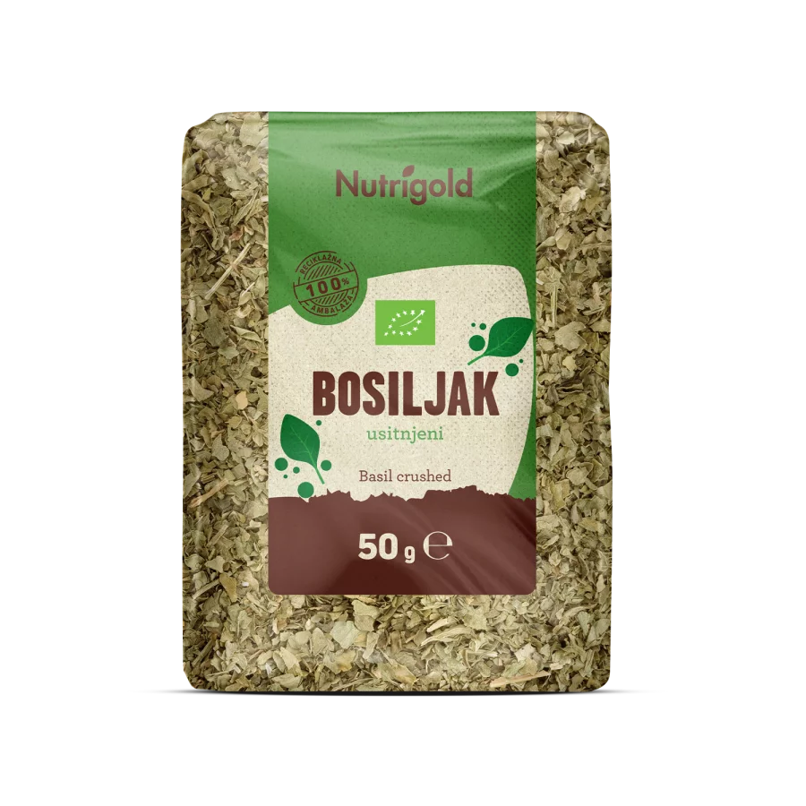 Nutrigold biologisches, gehacktes Basilikum in einer durchsichtigen 50 Gramm Packung
