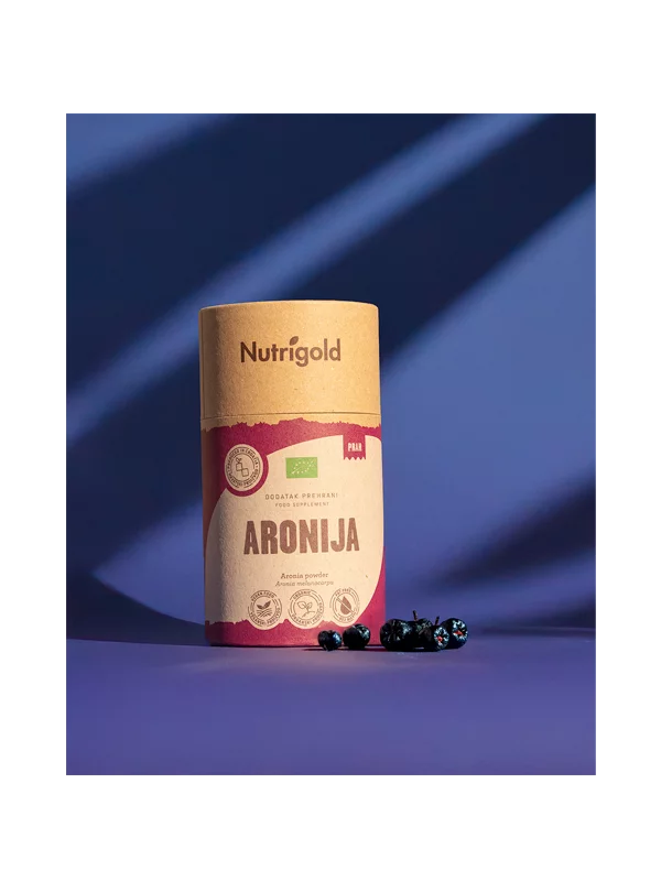 Nutrigold biologisches Aronia Pulver in einer braunen 200 Gramm Verpackung