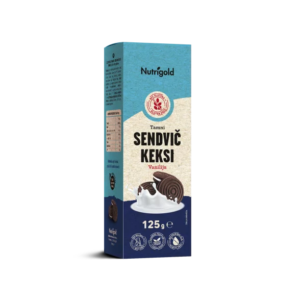 Nutrigold Sandwichkekse Dunkel Vanille – Glutenfrei in einer 125 Gramm Packung