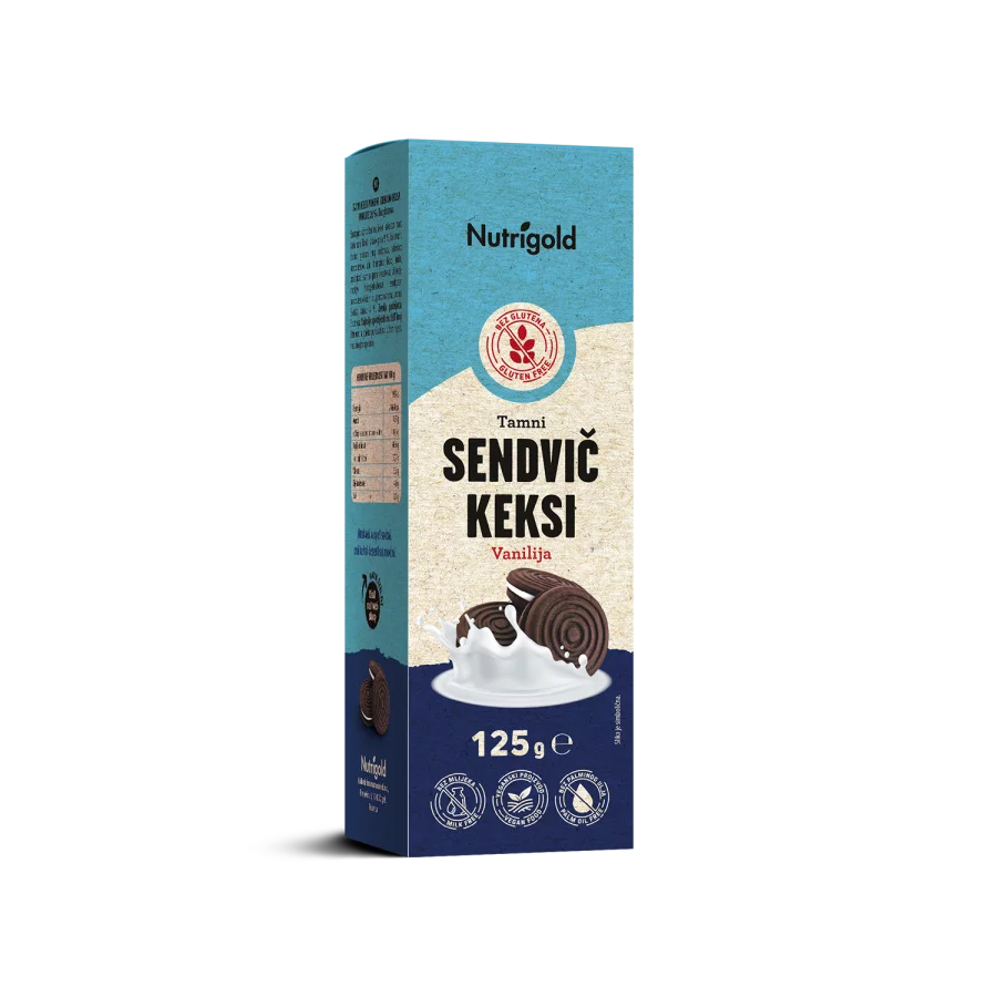 Nutrigold Sandwichkekse Dunkel Vanille – Glutenfrei in einer 125 Gramm Packung