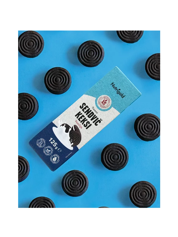 Nutrigold Sandwichkekse Dunkel Vanille – Glutenfrei in einer 125 Gramm Packung