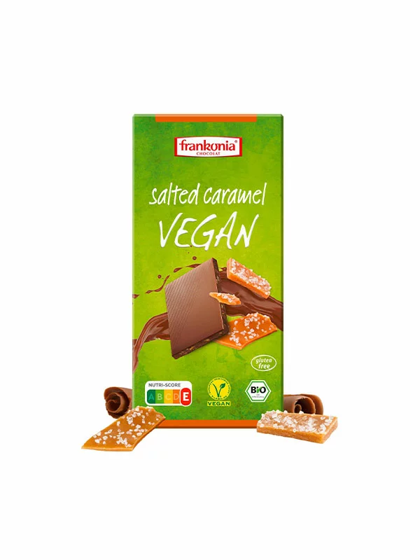 Frankonia vegane Schokolade Salted Carameld in grüner Kartonverpackung von 100 g