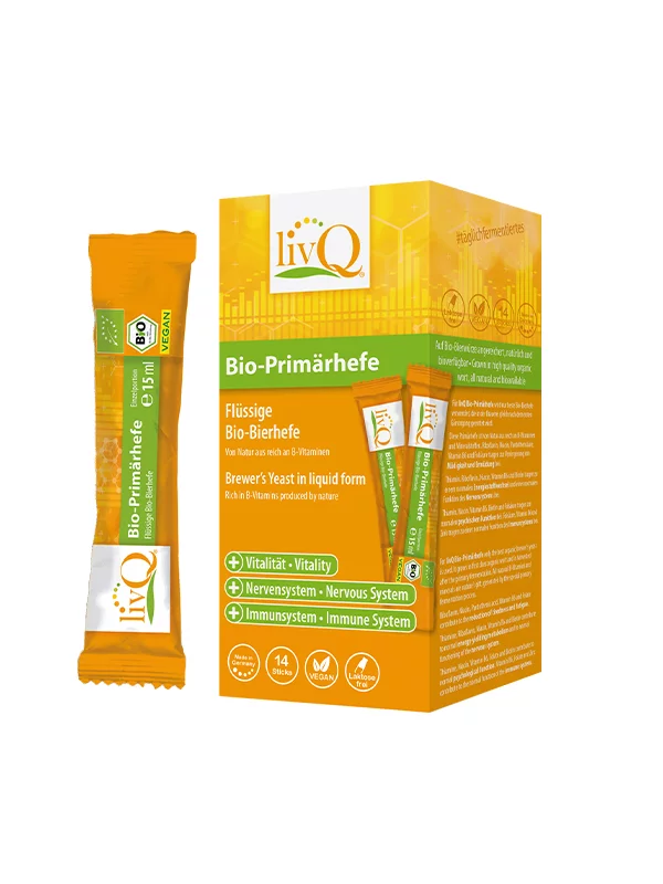 livQ flüssige Bio-Bierhefe in der 210 ml Packung mit 14 Beuteln zu je 15 ml