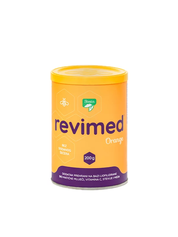 Revimed – gefriergetrocknetes Bio-Gelée Royale Stevia Orange in 200 g-Verpackung