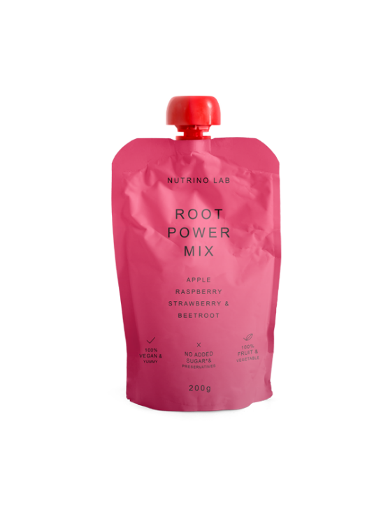 Nutrino Lab Fruchtsnack Root Power Mix – Apfel, Himbeere, Erdbeere und Rote Bete in Quetschbeutel von 200g