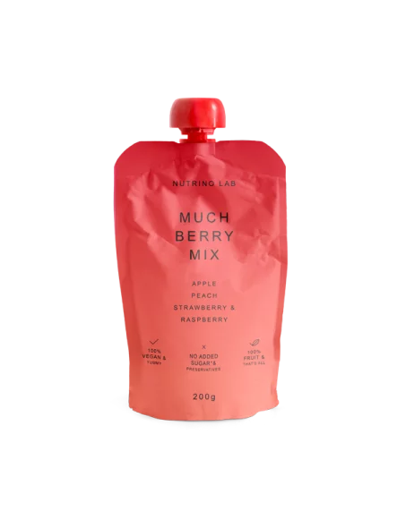 Nutrino Lab Fruchtsnack Much Berry Mix – Apfel, Pfirsich, Erdbeere und Himbeere in Quetschbeutel von 200g