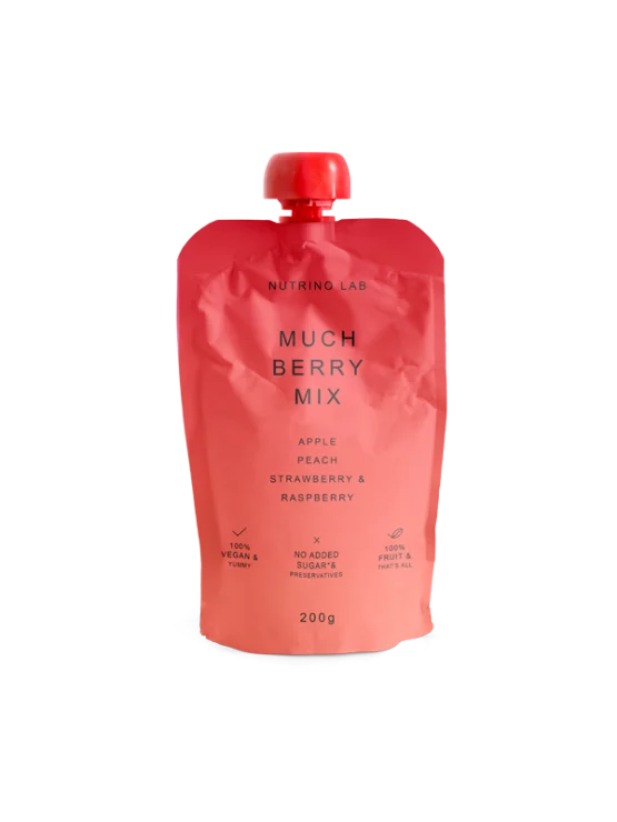 Nutrino Lab Fruchtsnack Much Berry Mix – Apfel, Pfirsich, Erdbeere und Himbeere in Quetschbeutel von 200g
