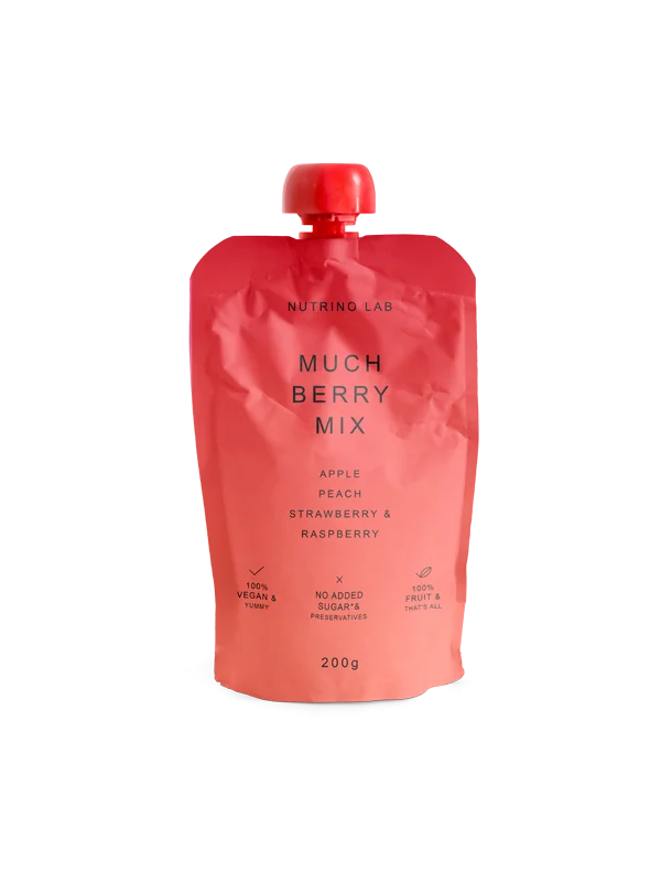 Nutrino Lab Fruchtsnack Much Berry Mix – Apfel, Pfirsich, Erdbeere und Himbeere in Quetschbeutel von 200g