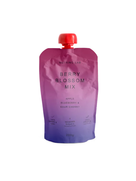 Nutrino Lab Fruchtsnack Berry Blossom Mix – Apfel, Heidelbeere und Kirsche in Quetschbeutel von 200g