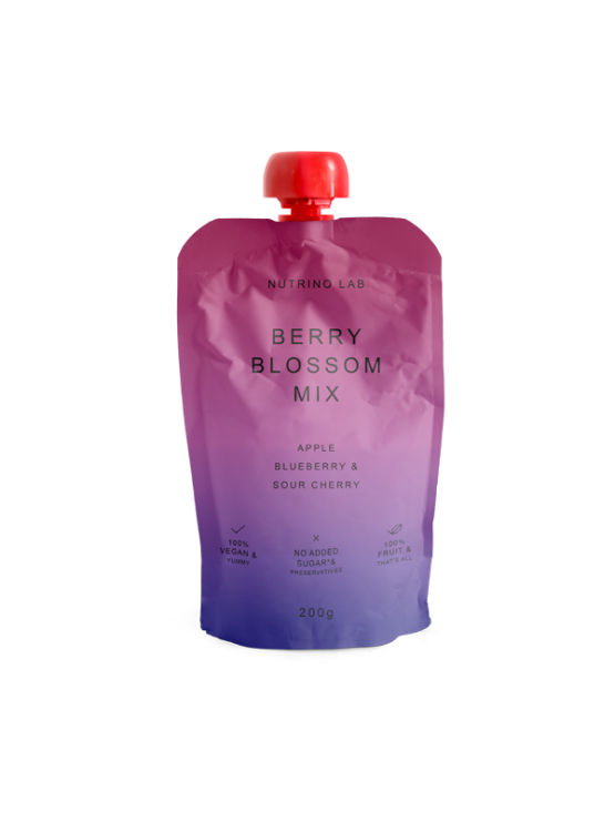 Nutrino Lab Fruchtsnack Berry Blossom Mix – Apfel, Heidelbeere und Kirsche in Quetschbeutel von 200g