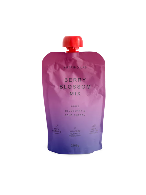 Nutrino Lab Fruchtsnack Berry Blossom Mix – Apfel, Heidelbeere und Kirsche in Quetschbeutel von 200g