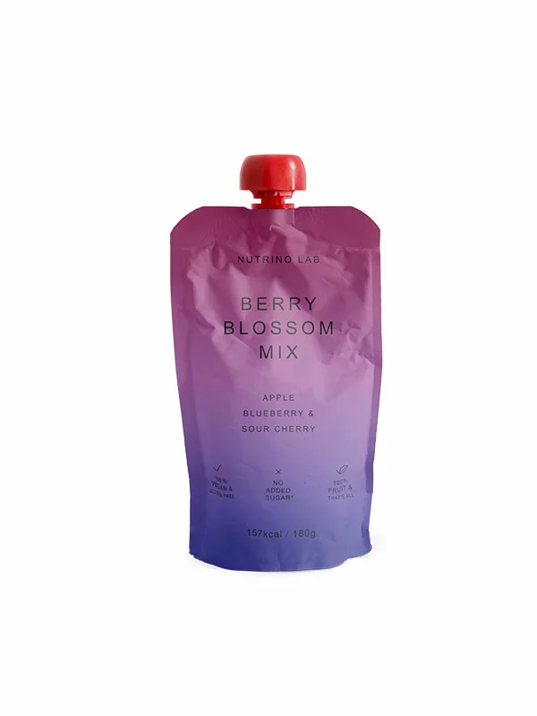 Nutrino Lab Fruchtsnack Berry Blossom Mix – Apfel, Heidelbeere und Kirsche in Quetschbeutel von 200g