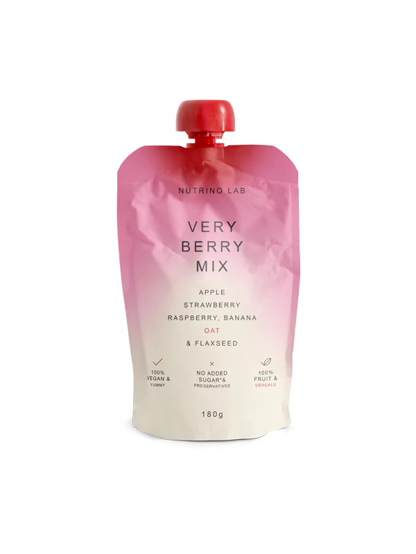Nutrino Fruchtsnack Very Berry – Apfel, Erdbeere, Himbeere, Hafer und Leinsamen in der 180g Packung
