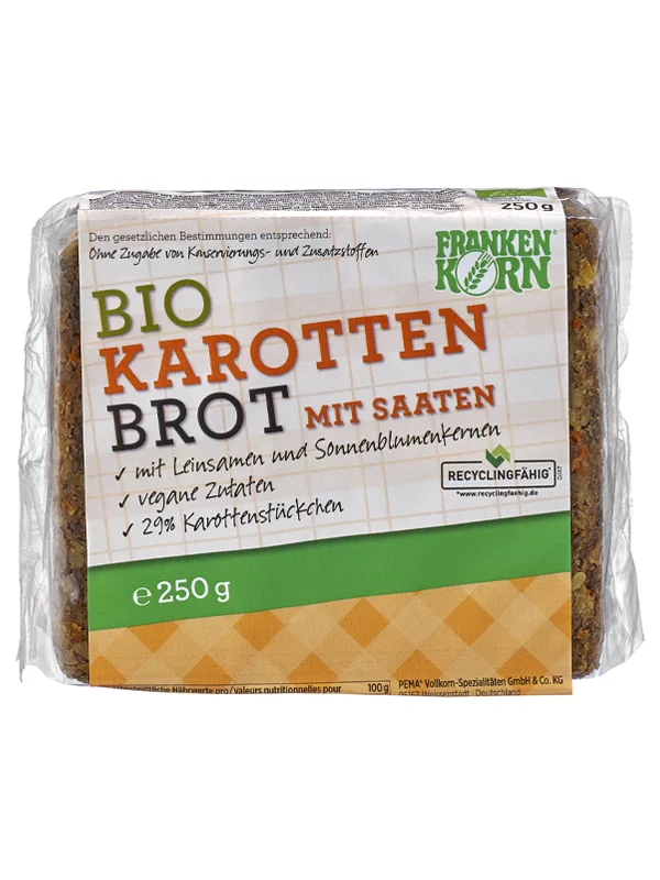 Franken Korn Karottenbrot mit Leinsamen und Sonnenblumenkernen – Bio in einer 250g Packung