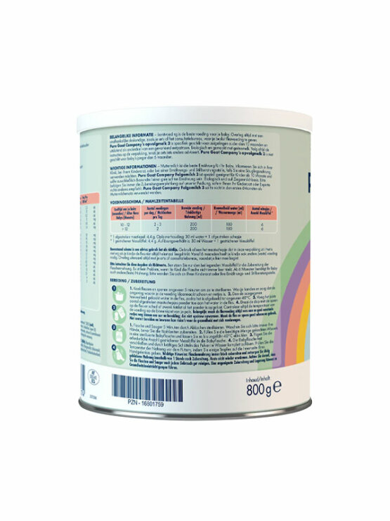 Pure Goat Bio Folgemilch 3 aus Ziegenmilch (ab dem 10. Monat) in einer 800g Verpackung