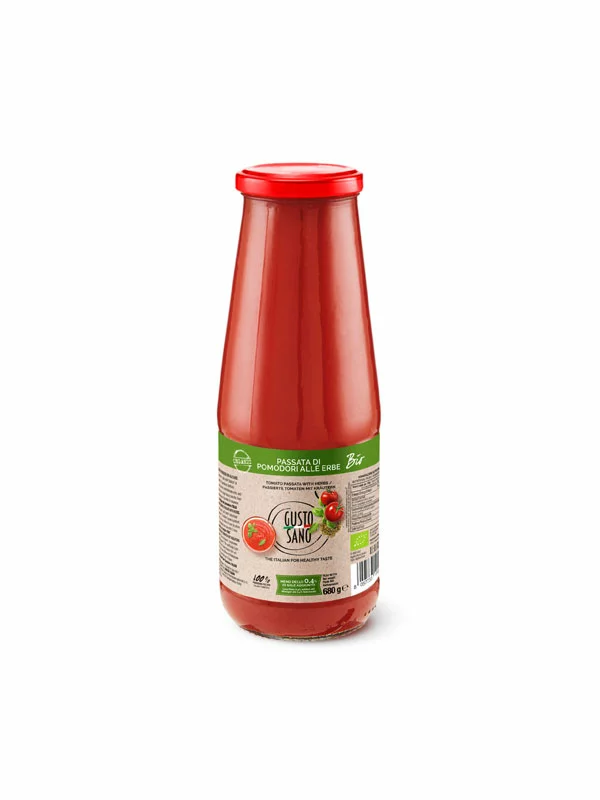Gusto Sano Tomatenpüree mit Kräutern – Bio in der 680g Flasche