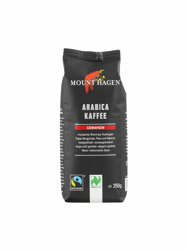 Mount Hagen Kaffeebohnen, geröstet und gemahlen 100% Arabica – Bio in einer 250g Packung