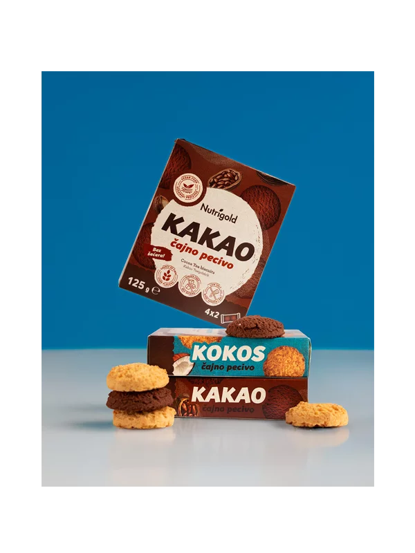 Nutrigold keksi bez šećera s kakaom u praktičnoj ambalaži od 125g