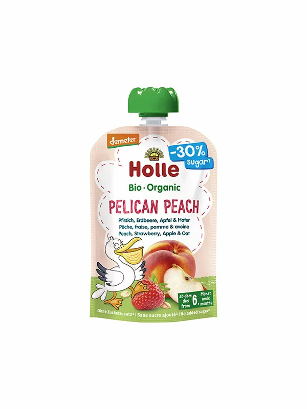 Quetschie mit Pfirsich, Erdbeere, Apfel & Hafer "Pelican Peach" (ab dem 6. Monat) – Bio 100g Holle