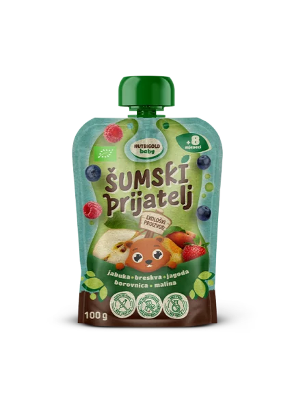 Nutrigold Baby Quetschie mit Apfel, Pfirsich, Erdbeere, Heidelbeere & Himbeere – Biologisch in einer 100g Packung